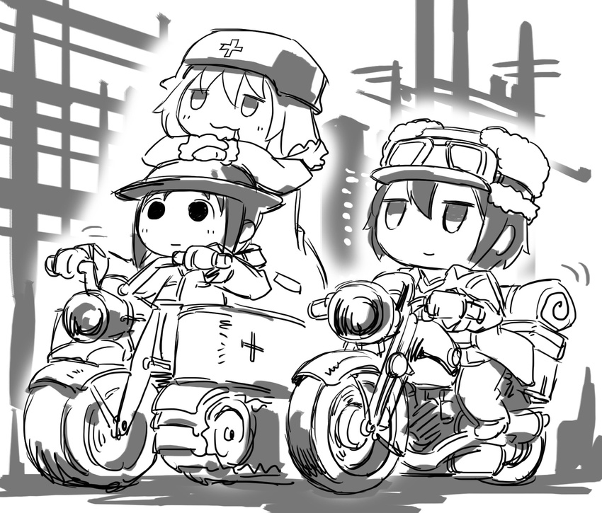 brodie_helmet chaki_(teasets) chibi chito_(shoujo_shuumatsu_ryokou) commentary crossover driving drooling goggles greyscale ground_vehicle half-track headlight helmet hermes highres jitome kettenkrad kino kino_no_tabi monochrome motor_vehicle motorcycle multiple_girls season_connection shoujo_shuumatsu_ryokou stahlhelm trait_connection yuuri_(shoujo_shuumatsu_ryokou)