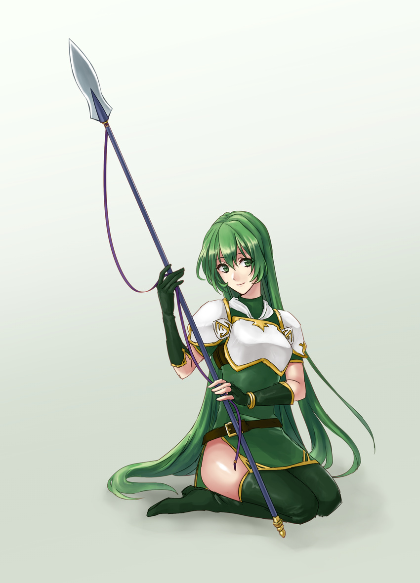 absurdres armor asymmetrical_gloves boots bracelet breastplate fingerless_gloves fire_emblem fire_emblem:_seisen_no_keifu fury_(fire_emblem) gloves gradient gradient_background green_eyes green_hair hazuki_(nyorosuke) highres jewelry long_hair pauldrons polearm side_slit smile solo spear thigh_boots thighhighs very_long_hair weapon