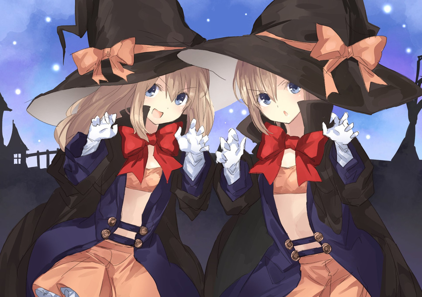 :d black_coat blancpig_yryr blue_eyes brown_hair gloves halloween halloween_costume hands_up hat highres long_hair looking_at_viewer multiple_girls neptune_(series) night night_sky open_mouth orange_skirt ram_(choujigen_game_neptune) rom_(choujigen_game_neptune) short_hair siblings sisters skirt sky smile star_(sky) starry_sky twins white_gloves witch witch_hat
