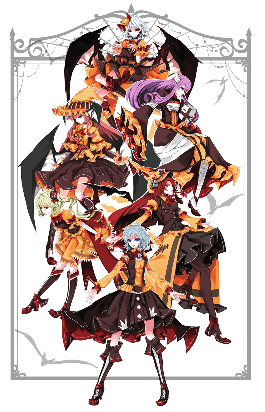 :d absurdres ahoge bandaged_leg bandages bat_wings black_skirt blonde_hair blue_eyes blue_hair book boots bow braid brown_skirt brown_vest demon_wings flandre_scarlet frills green_eyes hair_bow hair_ornament halloween halloween_costume high_heels highres hong_meiling izayoi_sakuya jack-o'-lantern jack-o'-lantern_hair_ornament koakuma long_hair long_sleeves looking_at_viewer multiple_girls neck_ribbon open_mouth orange_shirt orange_skirt outstretched_arms patchouli_knowledge puffy_short_sleeves puffy_sleeves purple_eyes purple_hair red_eyes red_hair red_neckwear red_ribbon remilia_scarlet ribbon shirt short_hair short_sleeves side_ponytail sidelocks skirt smile spread_arms the_embodiment_of_scarlet_devil touhou twin_braids underbust vest white_background wings wrist_cuffs yutapon