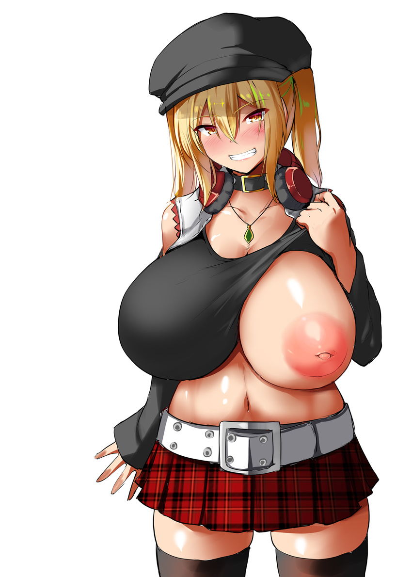 areolae bangs belt black_legwear blonde_hair blush breasts brown_eyes cabbie_hat choker collarbone eyebrows_visible_through_hair grin hair_between_eyes hat headphones headphones_around_neck highres huge_breasts inverted_nipples jewelry kirome_(kamipaper) large_areolae long_hair looking_at_viewer miniskirt navel necklace nipples one_breast_out original plaid plaid_skirt puffy_nipples red_skirt saaya_(kirome) simple_background skirt sleeves_past_wrists smile solo standing tank_top teeth thighhighs tsurime twintails white_background