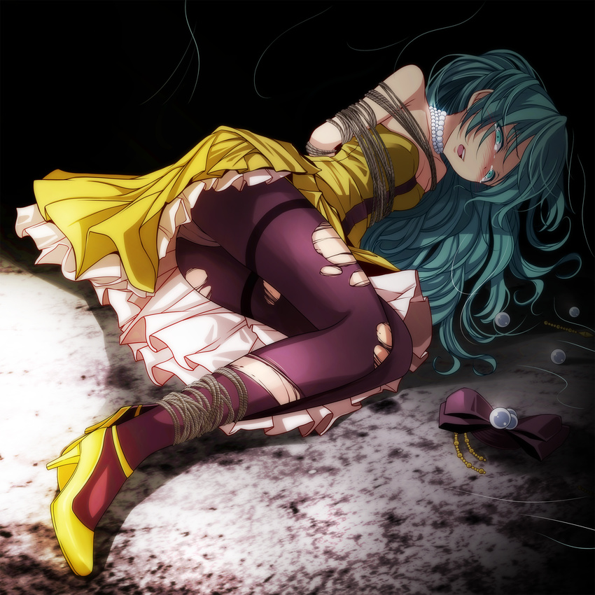 aqua_eyes aqua_hair arms_behind_back bad_id bad_pixiv_id bare_shoulders bdsm blush bondage bound bound_torso bound_wrists breasts cleavage collarbone crying crying_with_eyes_open dress hatsune_miku high_heels highres jewelry kochira_koufuku_anshin_iinkai_desu_(vocaloid) long_hair lying necklace on_side open_mouth panties panties_under_pantyhose pantyhose pearl_necklace project_diva_(series) project_diva_f_2nd restrained scared siren_(module) small_breasts solo tears torn_clothes torn_hair_ribbon torn_legwear tsukishiro_saika twintails underwear very_long_hair vocaloid yellow_dress