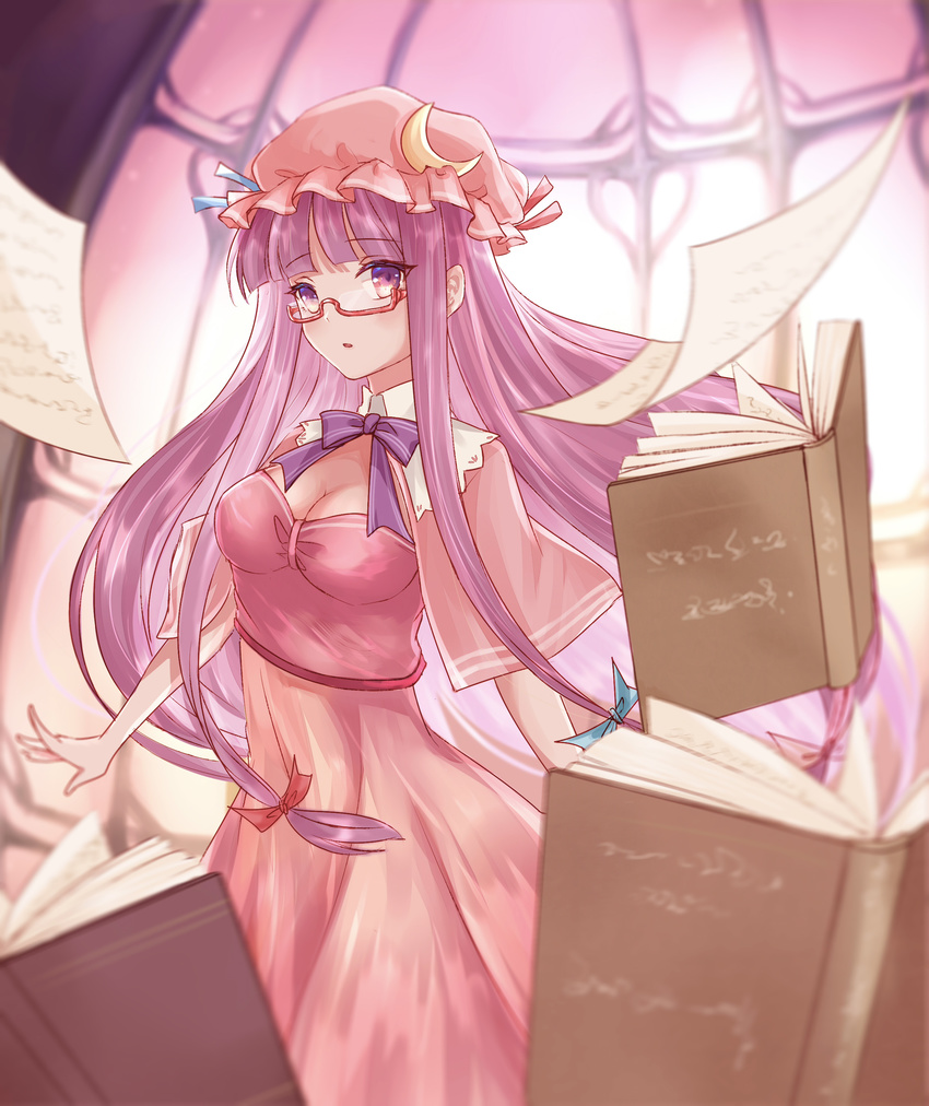 absurdres bangs bespectacled blunt_bangs book bow breasts capelet cleavage crescent crescent_hair_ornament dress glasses hair_bow hair_ornament hat highres juunanaban long_hair looking_at_viewer medium_breasts mob_cap pages parted_lips patchouli_knowledge purple_eyes purple_hair solo touhou