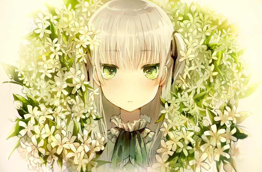 ascot bangs black_ribbon blunt_bangs blush closed_mouth commentary_request dress eyebrows_visible_through_hair face flower flower_request graphite_(medium) green_eyes green_neckwear hair_ribbon highres long_hair looking_at_viewer original ribbon shiny shiny_hair silver_hair solo tlla traditional_media twintails