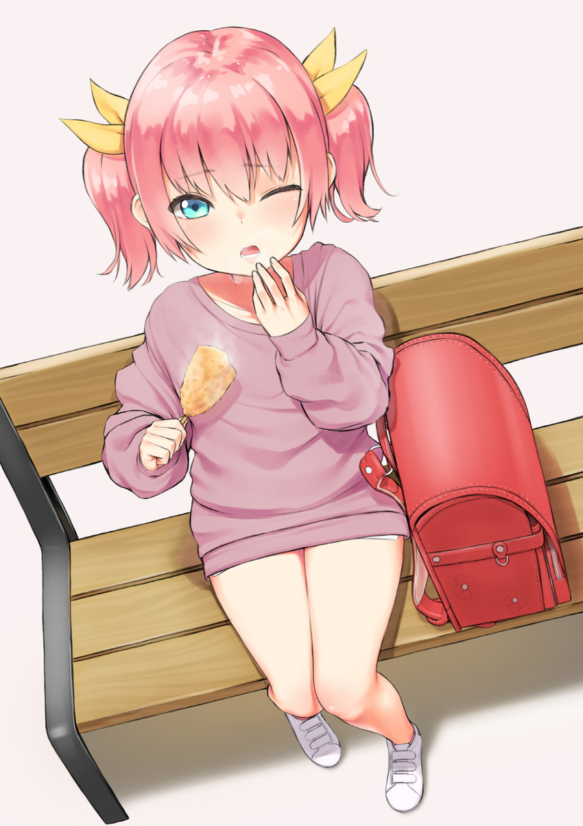 agnamore backpack bag bench blue_eyes blush d; food highres one-piece_swimsuit one_eye_closed open_mouth original pink_hair randoseru sitting solo swimsuit teeth twintails