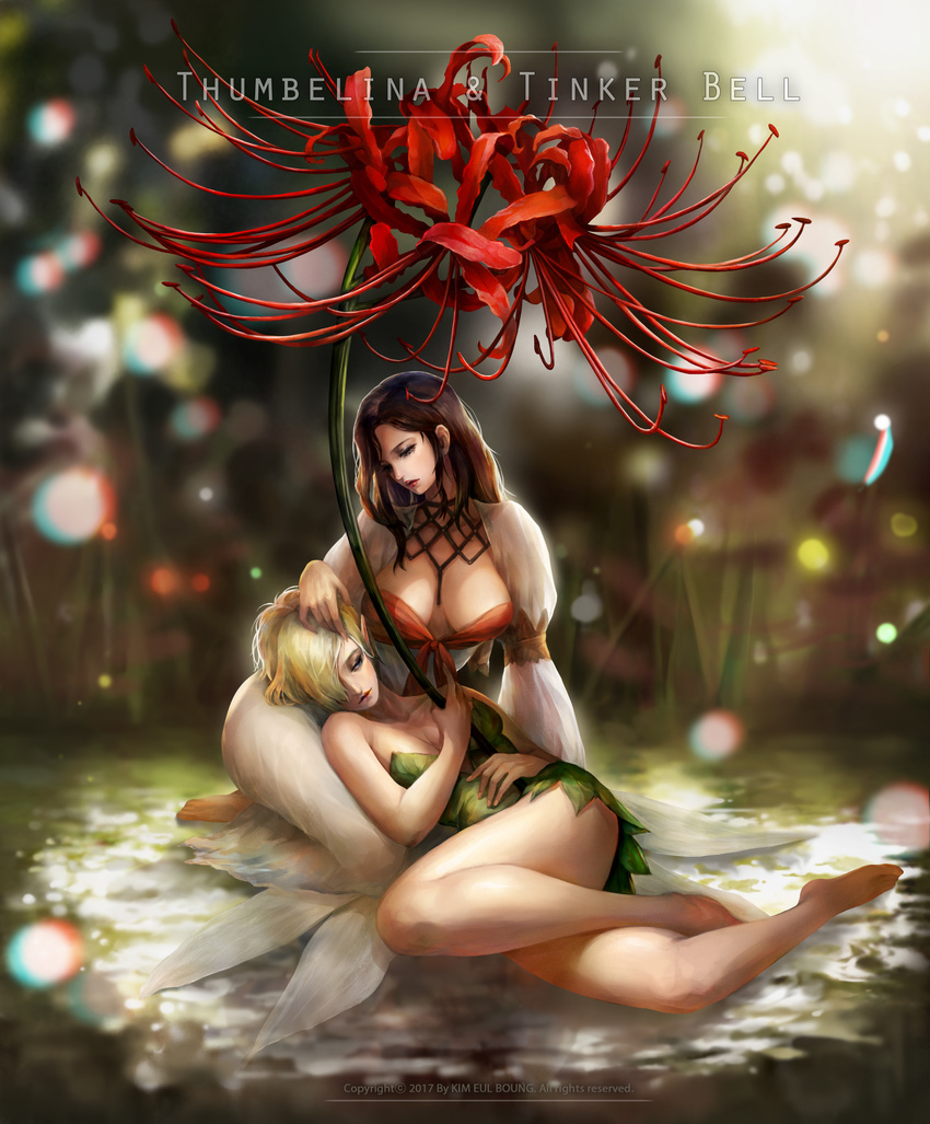 absurdres barefoot blonde_hair breasts breasts_apart brown_hair cleavage crossover fairy fairy_wings hair_over_one_eye hand_on_another's_head highres kim_eul_bong kneeling large_breasts lying medium_breasts minigirl multiple_girls on_side peter_pan_(disney) shawl thumbelina thumbelina_(character) tinker_bell_(disney) wings yuri