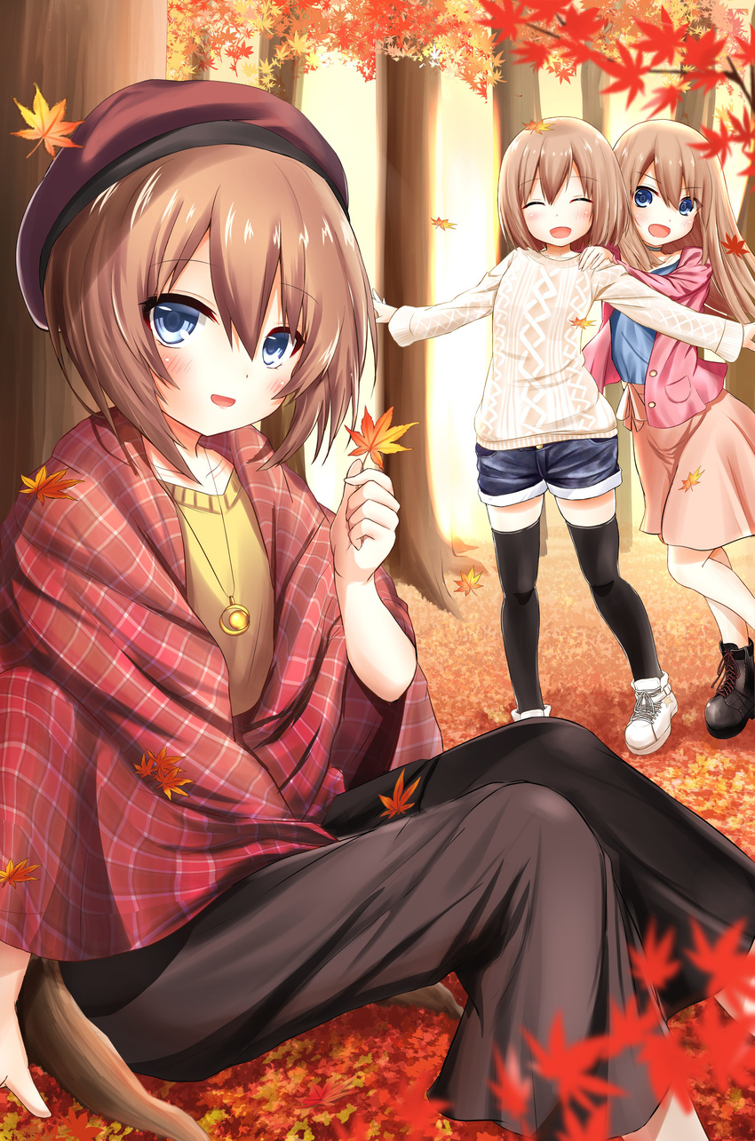 :d absurdres autumn_leaves black_legwear black_skirt blanc blue_eyes blush brown_hair checkered checkered_clothing closed_eyes ex_idol forest hat highres holding long_hair looking_at_viewer multiple_girls nature neptune_(series) open_mouth orange_skirt ram_(choujigen_game_neptune) rom_(choujigen_game_neptune) short_hair siblings sisters skirt smile sweater thighhighs twins