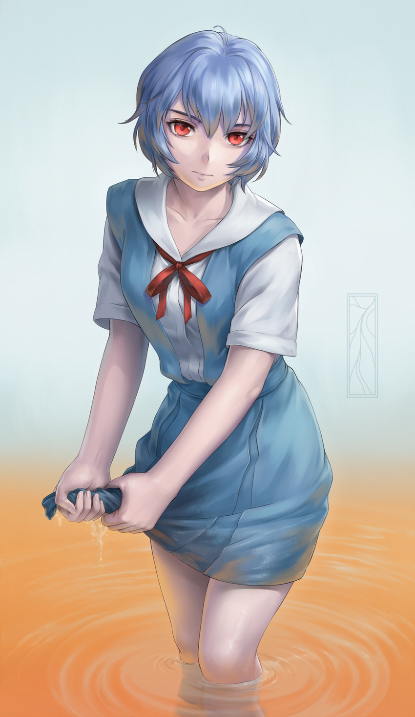 artist_logo ayanami_rei bangs blue_hair blue_skirt breasts closed_mouth collarbone collared_shirt cowboy_shot expressionless eyelashes gradient gradient_background grey_background hair_between_eyes head_tilt highres kotikomori lcl leaning_forward legs_together looking_at_viewer miniskirt neck_ribbon neon_genesis_evangelion pleated_skirt red_eyes red_ribbon ribbon ripples school_uniform shirt short_hair short_sleeves skirt skirt_hold small_breasts solo standing suspender_skirt suspenders wading wet wet_clothes wet_skirt white_shirt wringing_clothes wringing_skirt