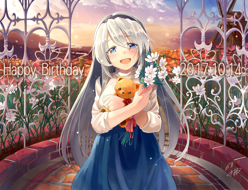 2017 :d black_hairband blue_eyes blue_skirt blush brick_floor brick_wall cage clannad cloud commentary dated eyebrows_visible_through_hair fence field flower flower_field hairband happy_birthday holding holding_flower long_hair long_sleeves looking_at_viewer mountain naka_akira open_mouth red_ribbon ribbon sakagami_tomoyo shirt signature silver_hair skirt sky smile solo stuffed_animal stuffed_toy sunset teddy_bear very_long_hair white_flower white_shirt windmill