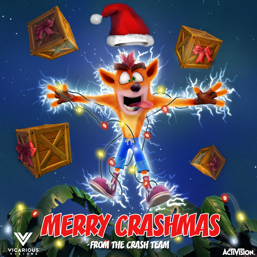 bandicoot box christmas clothing crash_bandicoot crash_bandicoot_(series) english_text fingerless_gloves gloves green_eyes holidays male mammal marsupial national_lampoon national_lampoon's_christmas_vacation official_art parody shorts solo text video_games