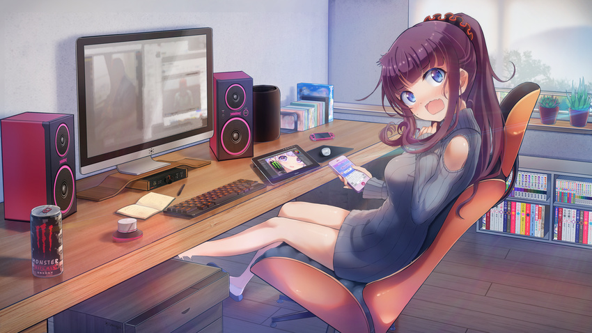absurdres blue_eyes blush book bookshelf breasts brown_hair can cellphone day desk dress from_side grey_sweater hair_ornament hair_scrunchie handheld_game_console highres holding holding_can holding_phone huge_filesize indoors keyboard large_breasts long_hair long_sleeves looking_at_viewer monitor monster_energy mouse_(computer) mousepad_(object) nasuno_chiyo new_game! open_book open_mouth phone plant ponytail potted_plant scrunchie shoes sitting sleeves_past_wrists smartphone speaker stylus subwoofer sunlight surprised suzukaze_aoba sweatdrop sweater sweater_dress tablet takimoto_hifumi wavy_mouth window wooden_floor