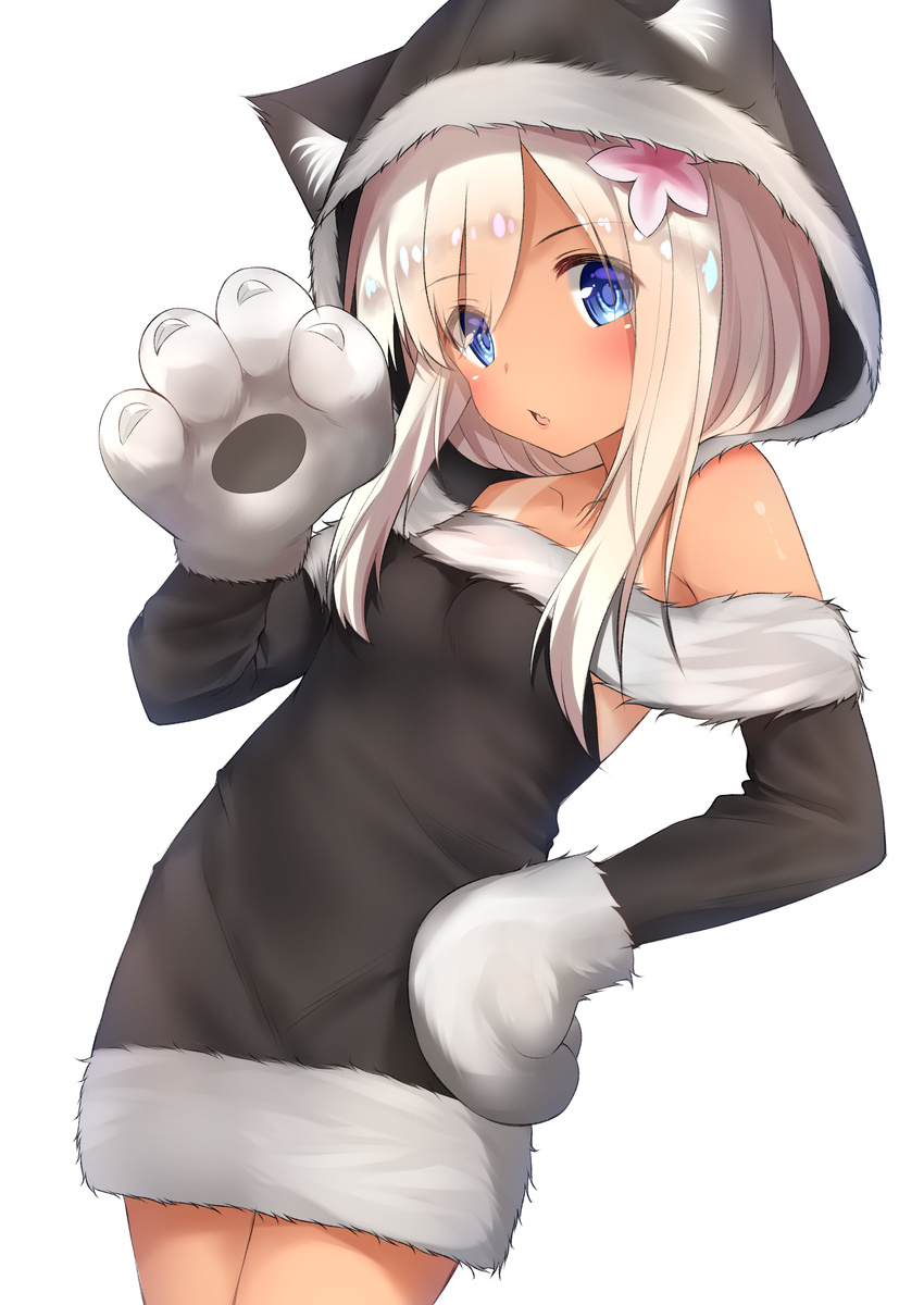 absurdres animal_ears blonde_hair blue_eyes flower go-1 hair_flower hair_ornament highres kantai_collection long_hair long_sleeves open_mouth pink_flower ro-500_(kantai_collection) simple_background solo tan tanline white_background wolf_ears wolf_paws