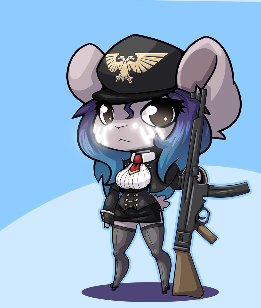 anthro chibi clothed clothing female gun hat limebreaker looking_at_viewer makeup mammal mascara mouse ranged_weapon rifle rodent solo standing weapon wide_hips