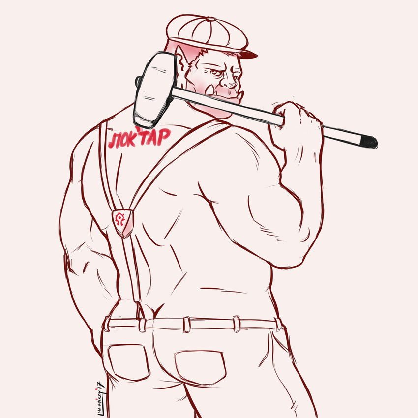 2017 alexyorim back_pose biceps butt clothing humanoid looking_at_viewer looking_back muscular muscular_back newsboy_cap not_furry orc orctober pants red_orctober russian_text simple_background stubble suspenders tattoo text tuskbyddy_exchange tusks