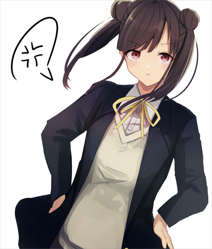 1girl :i anger_vein bangs black_jacket blazer brown_hair closed_mouth collared_shirt commentary_request doran_(dorannomai) double_bun dress_shirt eyebrows_visible_through_hair hands_on_hips highres idolmaster idolmaster_shiny_colors jacket long_hair long_sleeves neck_ribbon open_blazer open_clothes open_jacket pout red_eyes ribbon school_uniform shirt side_bun solo sonoda_chiyoko spoken_anger_vein sweater_vest twintails v-shaped_eyebrows white_background white_shirt yellow_ribbon