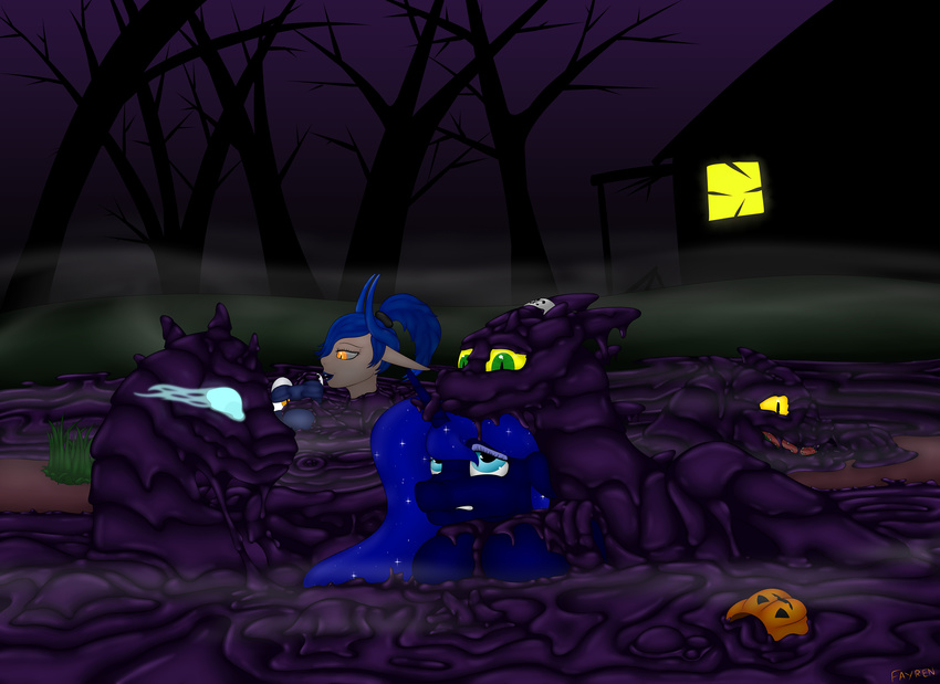 dr.chips dragon dripping equine fayren female feral friendship_is_magic glowing goo gritted halloween holidays horse male mammal messy mist my_little_pony peril pony princess_luna_(mlp) ring simple_background sinking sticky stuck succubus tar tarpit teeth tongue transformation