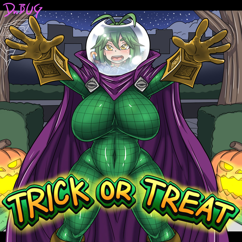 1girl antenna_hair blush breasts candy cape dr._omonemushi full_body gloves green_hair halloween halloween_costume jack-o'-lantern large_breasts marvel mysterio mysterio_(cosplay) nipples open_mouth smile solo torn_clothes trick_or_treat yellow_eyes