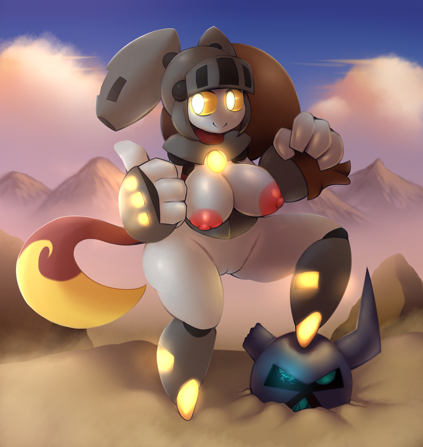 alma_(elfdrago) android armor big_breasts big_hands bottomless breasts clothed clothing elfdrago female glowing glowing_eyes helmet machine nipples not_furry pussy robot shortstack solo thick_thighs wide_hips yellow_eyes yellow_sclera