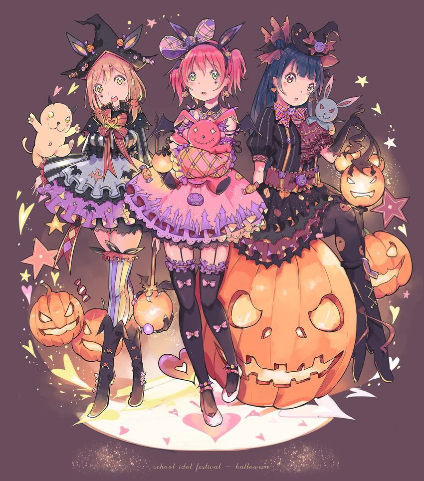 animal_ears black_hair blush bow_legwear brown_hair commentary cross-laced_footwear detached_sleeves earrings fake_animal_ears frilled_legwear full_body garter_straps gloves gold_trim green_eyes hair_bun halloween hat head_wings highres jack-o'-lantern jewelry kunikida_hanamaru kurosawa_ruby long_hair looking_at_viewer love_live! love_live!_sunshine!! multiple_girls pink_hair pinstripe_pattern qianqian short_hair short_twintails sitting standing striped thighhighs tsushima_yoshiko twintails wings witch_hat yellow_eyes