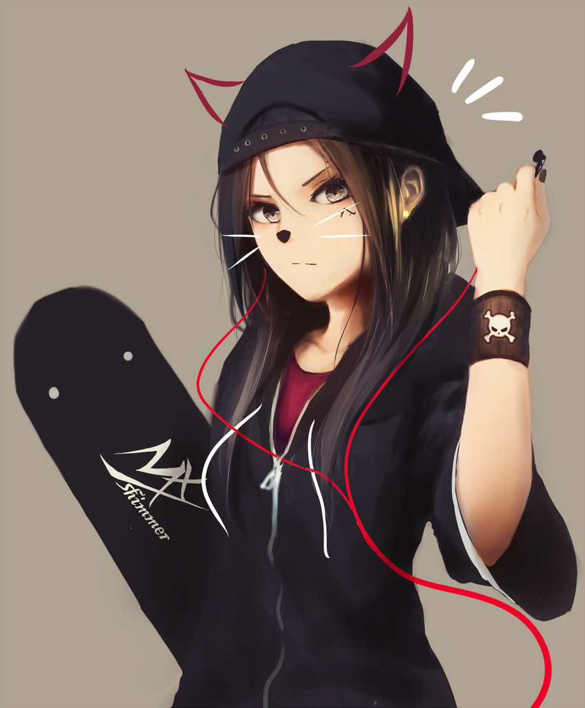 animal_ears backwards_hat baseball_cap black_hoodie black_nails brown_background brown_eyes brown_hair cable cat_ears closed_mouth drawn_ears drawstring earbuds earphones expressionless fake_animal_ears hat highres hood hood_down hoodie long_hair looking_at_viewer nail_polish notice_lines original red_shirt shimmer shirt simple_background single_earphone_removed skateboard skull_and_crossbones solo upper_body whiskers wristband zipper