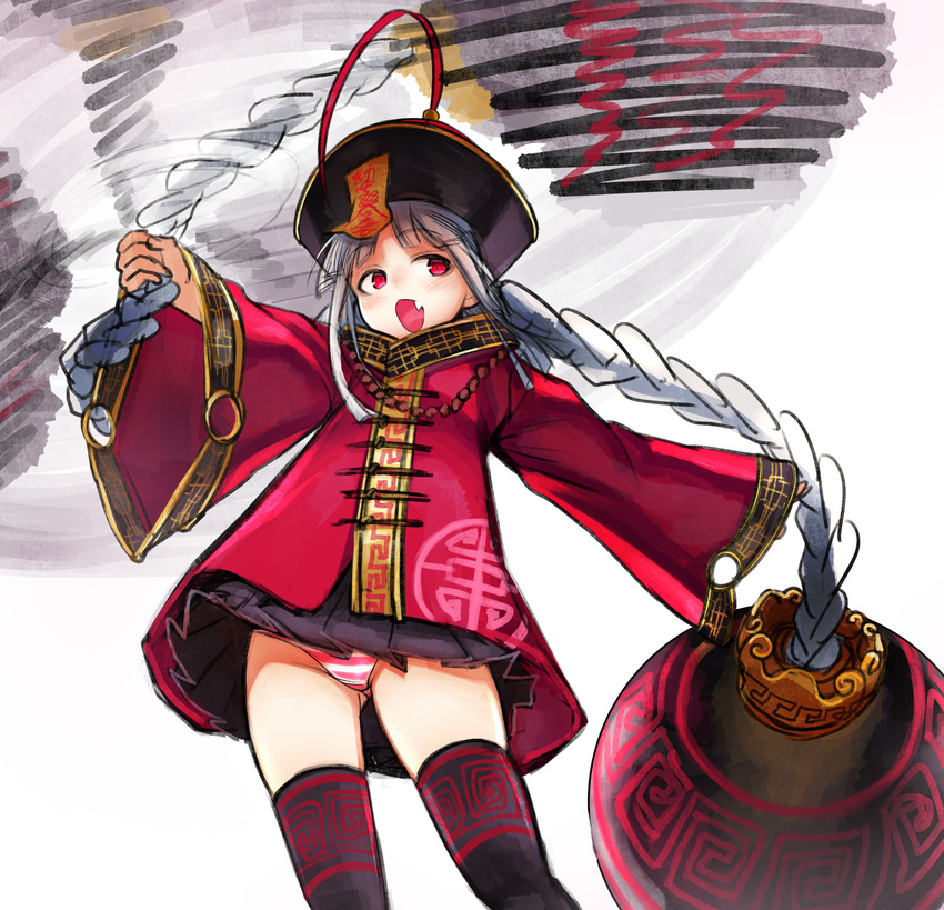 black_hair black_hat black_legwear black_skirt blouse braid chinese_clothes commentary_request cowboy_shot crotch_seam fang hat highres holding holding_weapon jiangshi long_hair long_sleeves looking_at_viewer miniskirt nishiide_kengorou ofuda open_mouth original panties pantyshot pantyshot_(standing) pleated_skirt print_legwear red_blouse red_eyes red_panties simple_background sketch skirt smile solo standing striped striped_panties thighhighs toggles traditional_media twin_braids underwear very_long_hair weapon white_background wide_sleeves