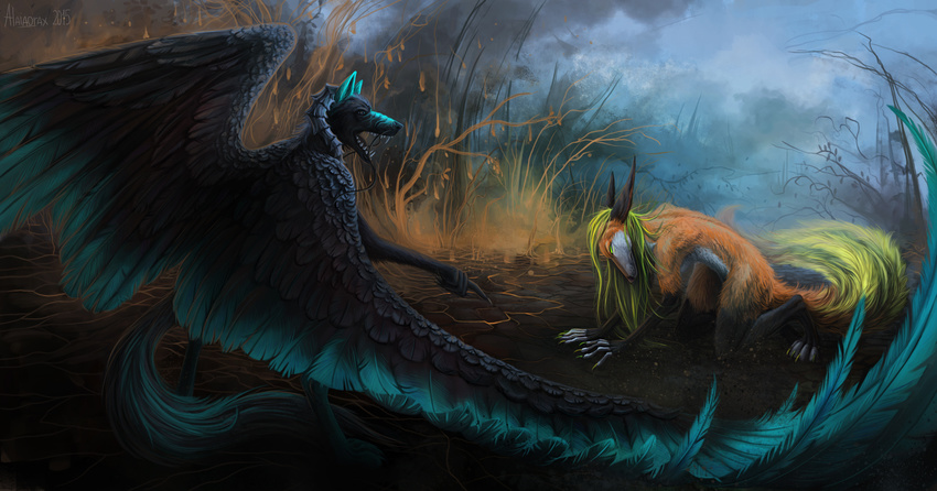 alaiaorax ambiguous_gender anthro black_feathers black_nose blonde_hair blue_feathers canine detailed_background digital_media_(artwork) duo feathered_wings feathers fox fur hair horn mammal nude open_mouth orange_fur teeth wings
