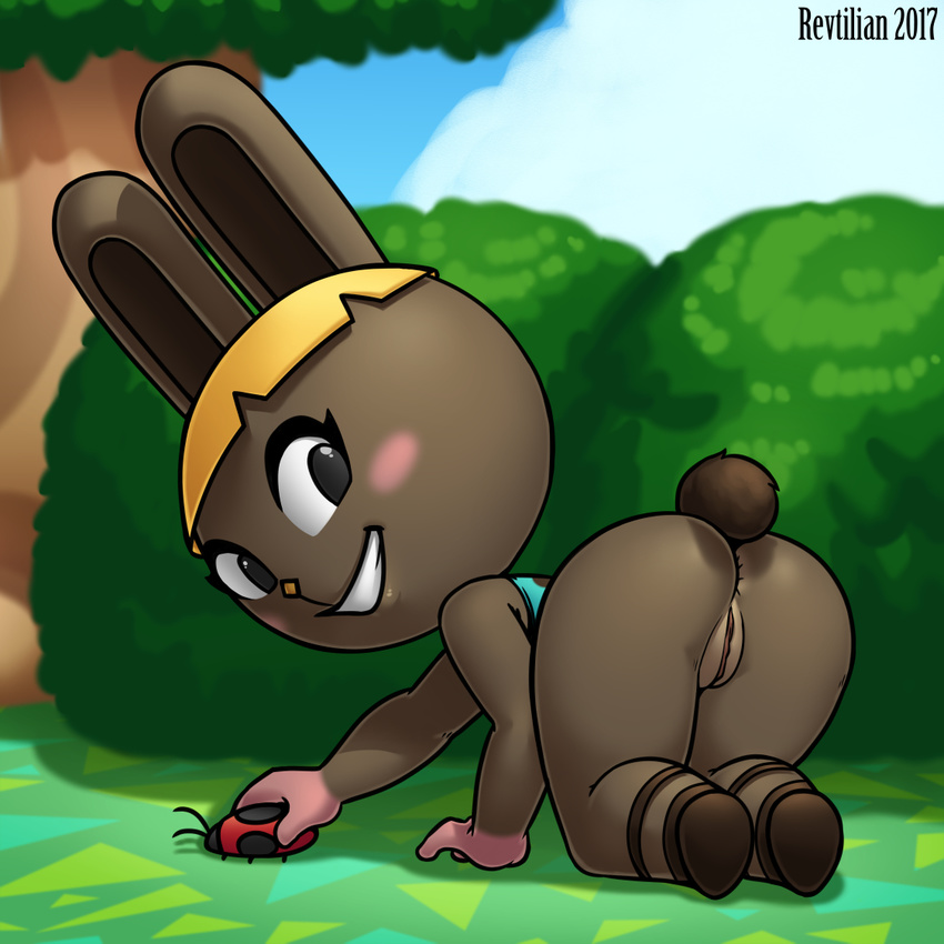 all_fours animal_crossing anthro anus arthropod blonde_hair blush bonbon_(animal_crossing) bottomless brown_fur butt clothed clothing female footwear fur grass grin hair insect ladybug lagomorph looking_at_viewer looking_back mammal nintendo outside presenting presenting_pussy pussy rabbit revtilian smile solo tree video_games