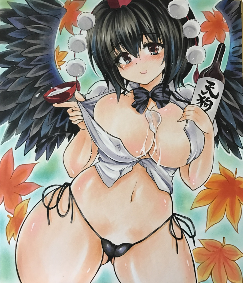 alcohol autumn_leaves bikini black_eyes black_hair blush body_blush bottle breasts bust_cup c: cleavage commentary_request covered_nipples cup curvy hat highres large_breasts looking_at_viewer micro_bikini navel open_clothes open_shirt sakazuki sake sake_bottle shameimaru_aya shirt short_hair side-tie_bikini smile solo swimsuit thick_thighs thighs tokin_hat touhou traditional_media twobee undersized_clothes wavy_mouth wide_hips wings