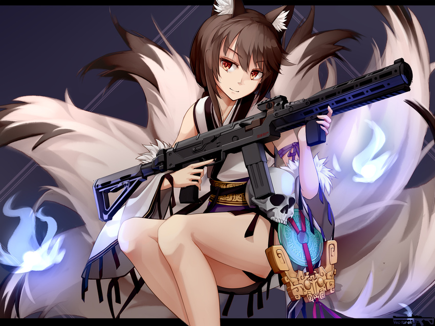 animal_ears bangs bare_legs barefoot blue_fire brown_eyes brown_hair chinese_clothes closed_mouth detached_sleeves fire fox_ears fox_tail full_body girls_frontline gun highres holding holding_gun holding_weapon jewelry kitsune legs_together light_smile magpul md5_mismatch multiple_tails obi sash sidelocks skull sleeveless smile solo submachine_gun tail tsurime type_79_(girls_frontline) type_79_smg vectorek vertical_foregrip weapon