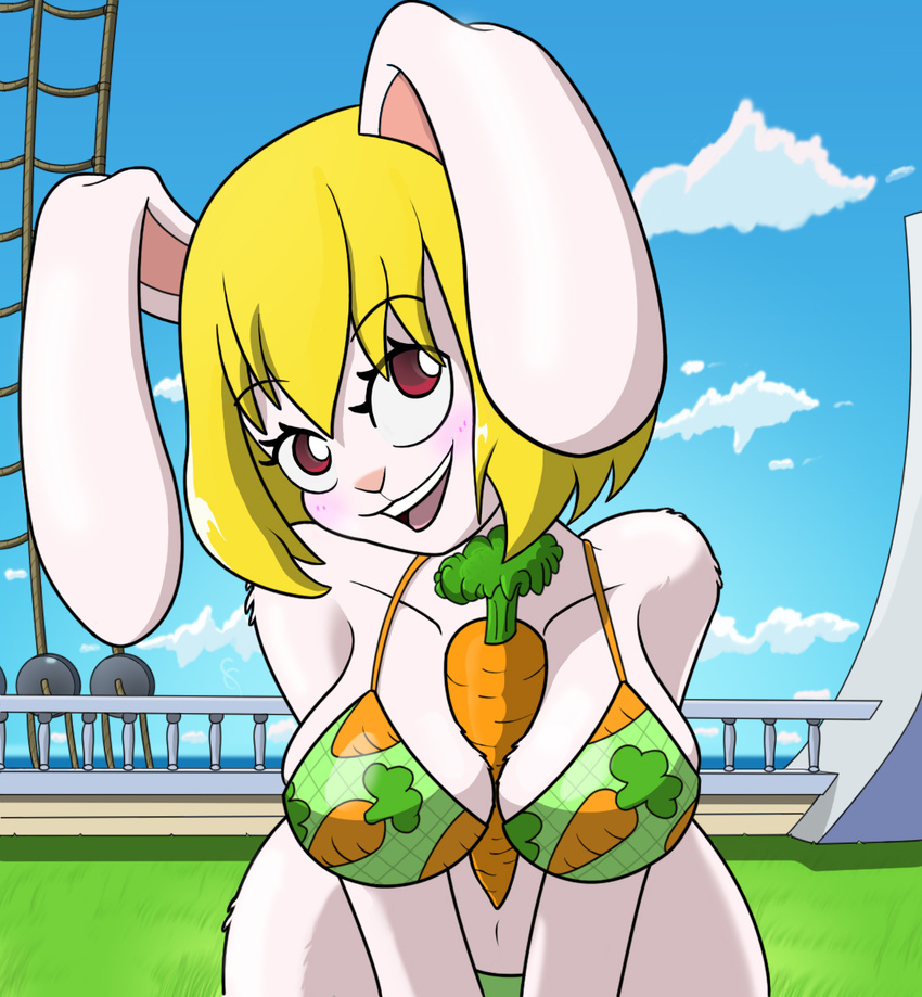 2017 anthro big_breasts blonde_hair blush breasts carrot carrot_(one_piece) clothing female food fur hair lagomorph looking_at_viewer mammal minkmen_(one_piece) one_piece open_mouth outside rabbit seductive sky smile solo vegetable white_fur