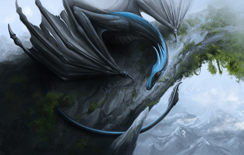 2014 alaiaorax ambiguous_gender detailed_background digital_media_(artwork) dragon membranous_wings red_eyes rock wings wyvern