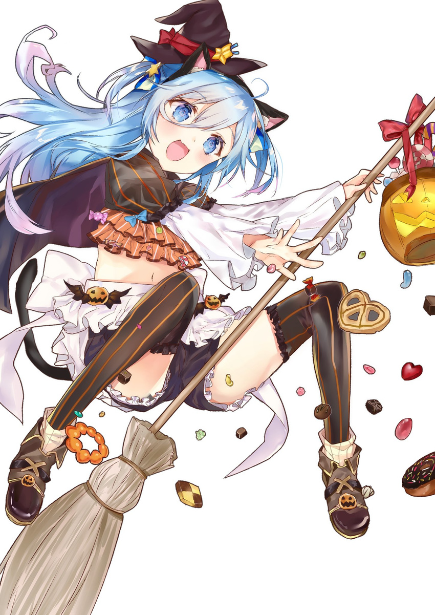 :d animal_ears ankle_boots apron black_cape black_hairband black_hat black_legwear black_shorts blue_eyes blue_hair boots bow broom broom_riding brown_footwear candy cape cat_ears commentary_request crop_top doughnut fake_animal_ears fang food frilled_apron frilled_legwear frilled_shorts frills full_body hair_ribbon hairband halloween halloween_basket hat hat_ribbon head_tilt heart hexagram highres holding holding_broom jack-o'-lantern layered_sleeves lollipop long_hair long_sleeves looking_at_viewer loose_socks meteor_(nanakagura) mini_hat mini_witch_hat nanakagura open_mouth original pon_de_ring pretzel puffy_short_sleeves puffy_sleeves red_bow red_ribbon ribbon short_over_long_sleeves short_shorts short_sleeves shorts simple_background smile socks socks_over_pantyhose solo star swirl_lollipop symbol-shaped_pupils thighhighs two_side_up very_long_hair waist_apron white_apron white_background wide_sleeves witch_hat