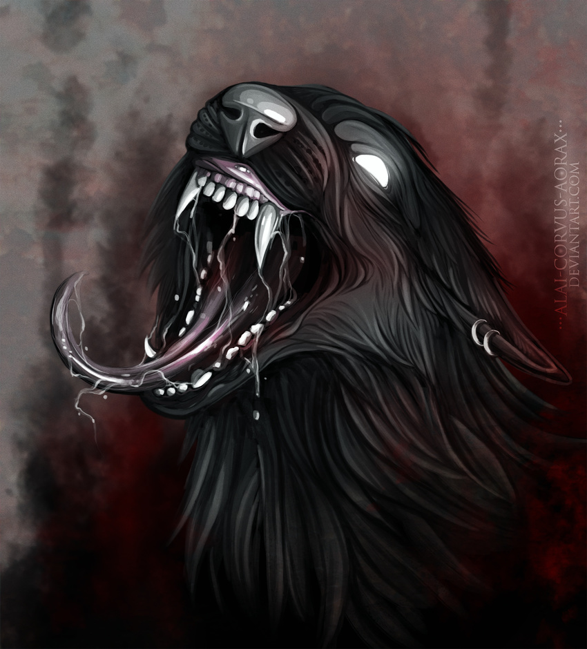 2014 alaiaorax ambiguous_gender black_fur canine digital_media_(artwork) feral fur glowing glowing_eyes grey_nose mammal open_mouth saliva solo teeth tongue