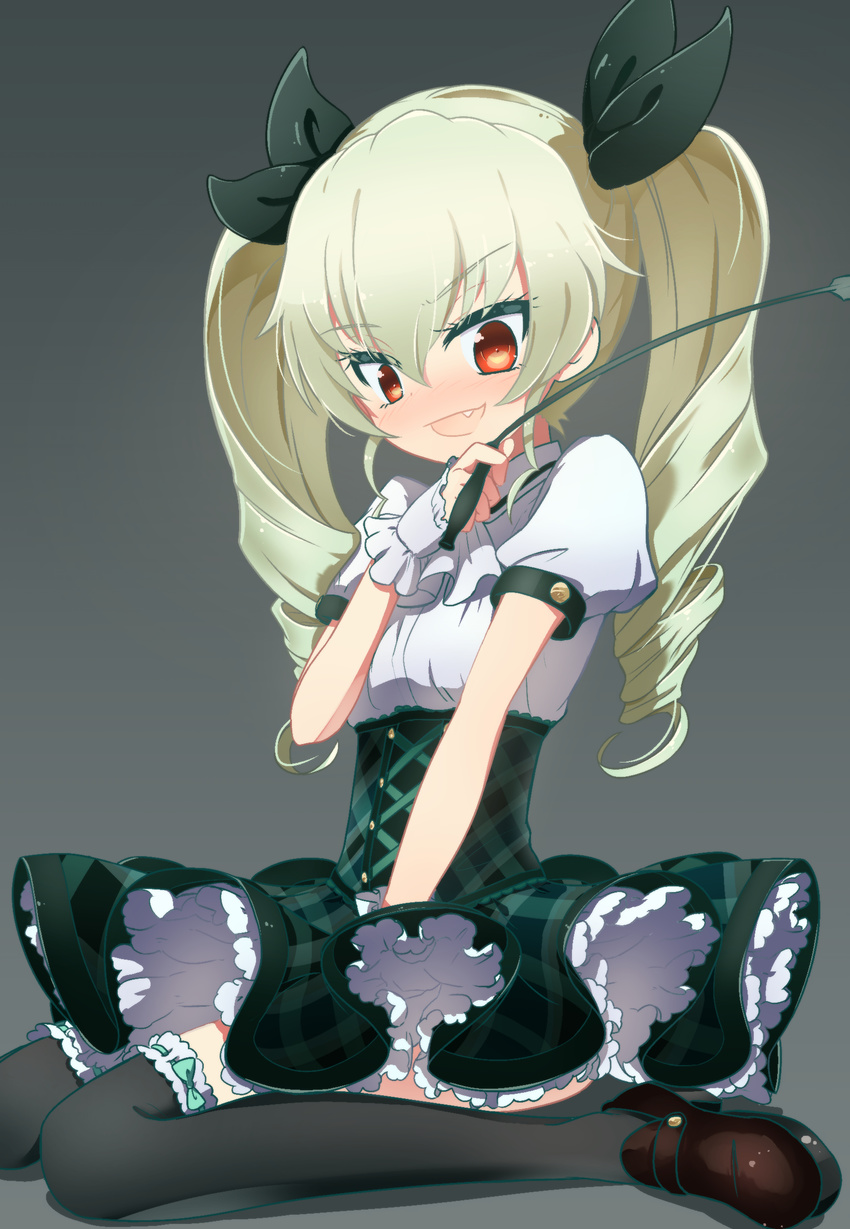 absurdres aikatsu! aikatsu!_(series) alternate_costume anchovy ascot bad_id bad_pixiv_id bangs black_footwear black_legwear black_ribbon blush commentary cosplay dress drill_hair eyebrows_visible_through_hair fang full_body garters girls_und_panzer green_dress green_hair grey_background hair_ribbon highres holding idol loafers long_hair looking_at_viewer open_mouth petticoat puffy_short_sleeves puffy_sleeves red_eyes ribbon riding_crop ru-wichi shoes short_dress short_sleeves simple_background sitting smile solo thighhighs toudou_yurika toudou_yurika_(cosplay) twin_drills twintails wariza white_neckwear