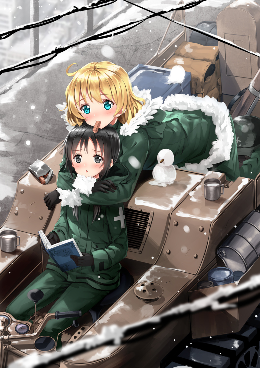 bangs black_eyes black_hair blonde_hair blue_eyes book building caterpillar_tracks chestnut_mouth chito_(shoujo_shuumatsu_ryokou) commentary_request cross cup day eyebrows_visible_through_hair food_in_mouth fur-trimmed_hood fur-trimmed_jacket fur_trim green_jacket green_pants gun handlebar headwear_removed helmet helmet_removed highres holding holding_book hood hood_down hooded_jacket hug hug_from_behind jacket kettenkrad kneeling long_hair looking_at_viewer military military_jacket military_vehicle mouth_hold multiple_girls open_book outdoors pants parted_lips railing rifle shoujo_shuumatsu_ryokou sitting snow snowing snowman stahlhelm swordsouls weapon yuuri_(shoujo_shuumatsu_ryokou)