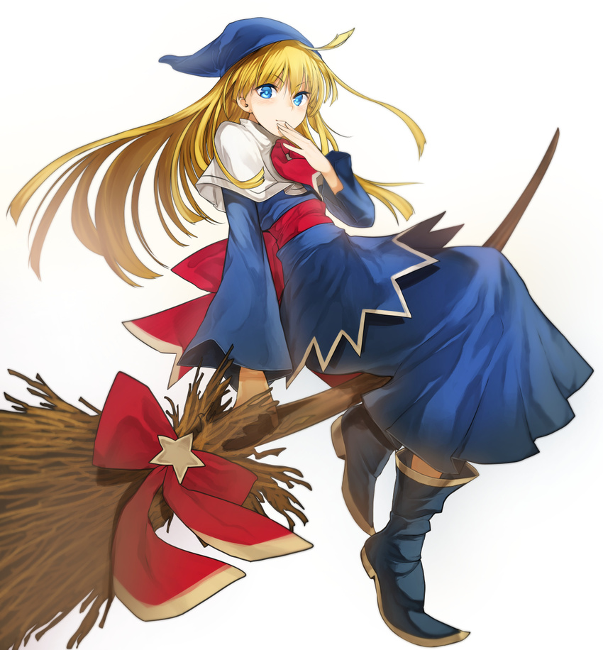 ascot bangs blonde_hair blue_dress blue_eyes blue_footwear blue_hat boots broom broom_riding capelet closed_mouth commentary dress eyebrows_visible_through_hair full_body hand_to_own_mouth hat highres light_smile long_dress long_hair long_sleeves looking_at_viewer madou_monogatari nishiide_kengorou puyopuyo red_neckwear sash sidesaddle sitting white_capelet wide_sleeves witch witch_(puyopuyo)