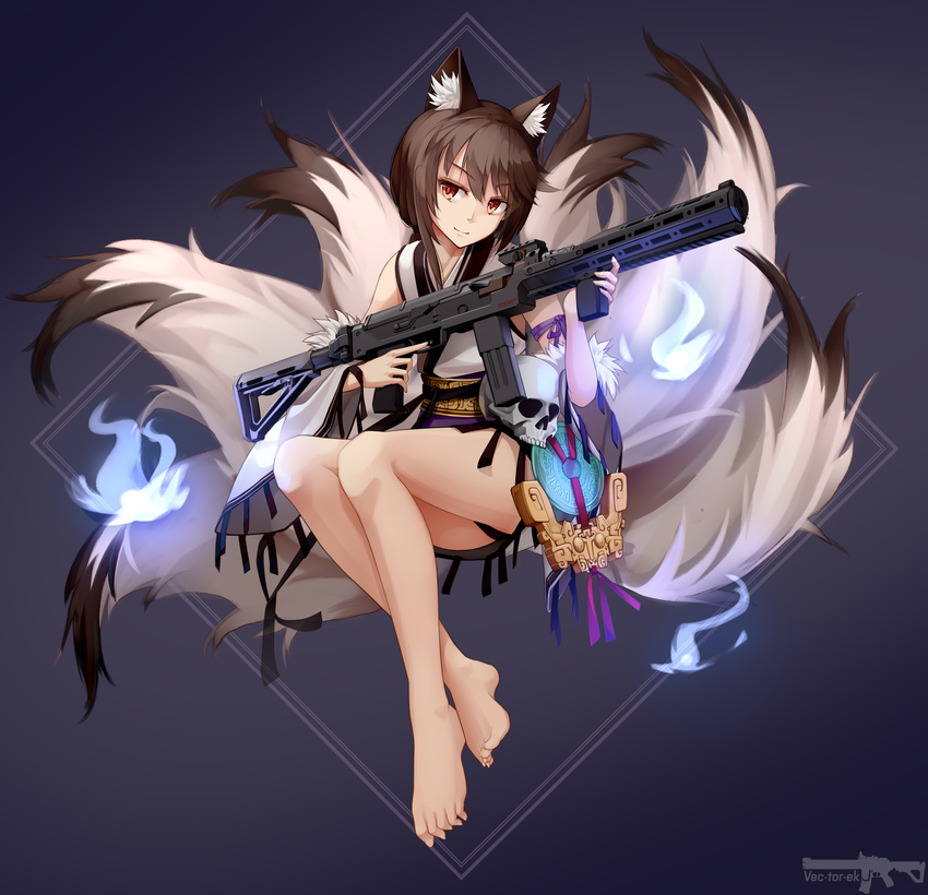 absurdres animal_ears bangs bare_legs barefoot blue_fire brown_eyes brown_hair chinese_clothes closed_mouth detached_sleeves fire fox_ears fox_tail full_body girls_frontline gun highres holding holding_gun holding_weapon jewelry kitsune legs_together light_smile magpul md5_mismatch multiple_tails sash sidelocks skull sleeveless smile solo submachine_gun tail tsurime type_79_(girls_frontline) type_79_smg vectorek vertical_foregrip weapon