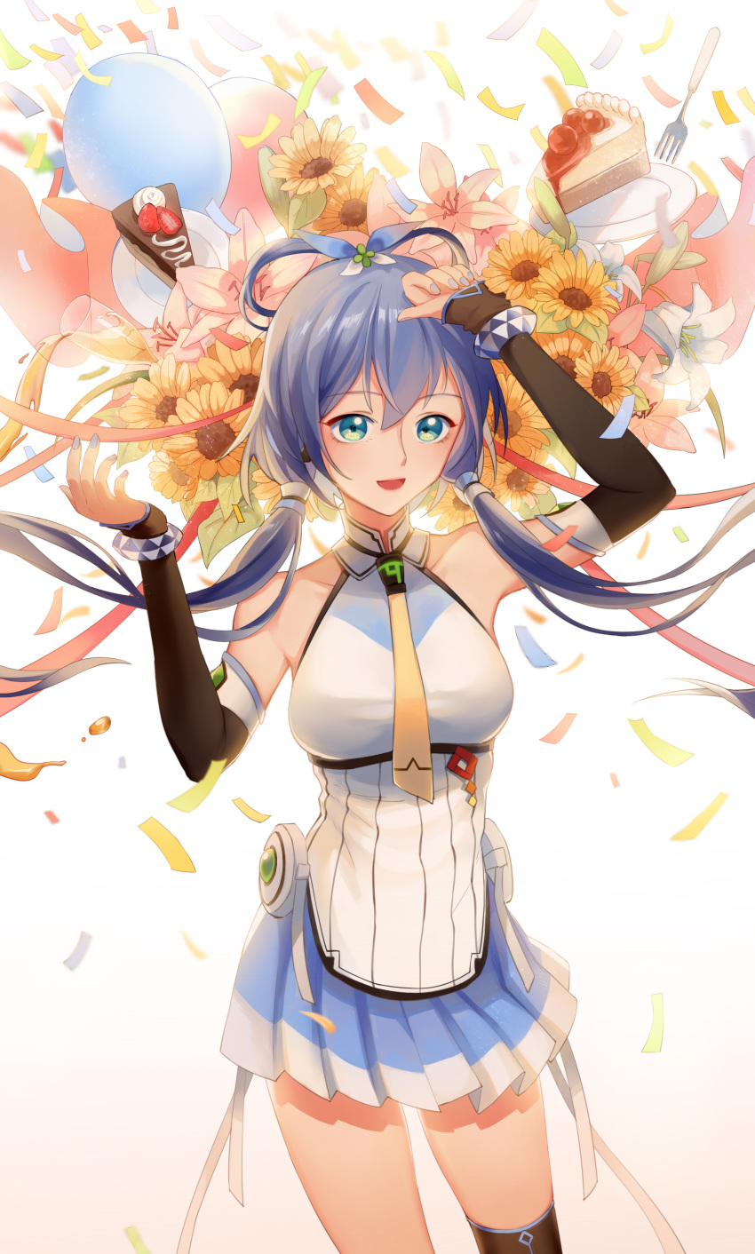 1girl :d absurdres balloon black_legwear black_sleeves blue_hair blue_nails blue_skirt breasts cake cowboy_shot detached_sleeves eyebrows_visible_through_hair floating_hair flower food green_eyes hair_between_eyes hair_tubes highres long_hair long_sleeves luo_tianyi medium_breasts miniskirt nail_polish necktie open_mouth pleated_skirt red_ribbon ribbon shiny shiny_hair shirt skirt sleeveless sleeveless_shirt smile solo standing sunflower thighhighs twintails very_long_hair vocaloid vocanese white_ribbon white_shirt yarden yellow_flower yellow_neckwear