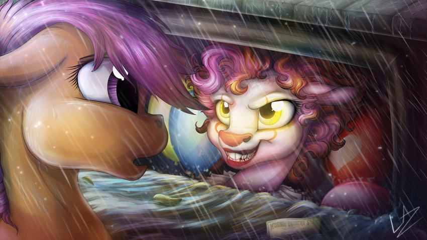 &lt;3 2017 balloon clown drain eyebrows female friendship_is_magic glowing glowing_eyes hair hi_res it leaves lupiarts makeup my_little_pony open_mouth parody pennywise_the_dancing_clown pink_hair pinkie_pie_(mlp) purple_eyes purple_hair raining scootaloo_(mlp) sewer smile teeth text water yellow_eyes