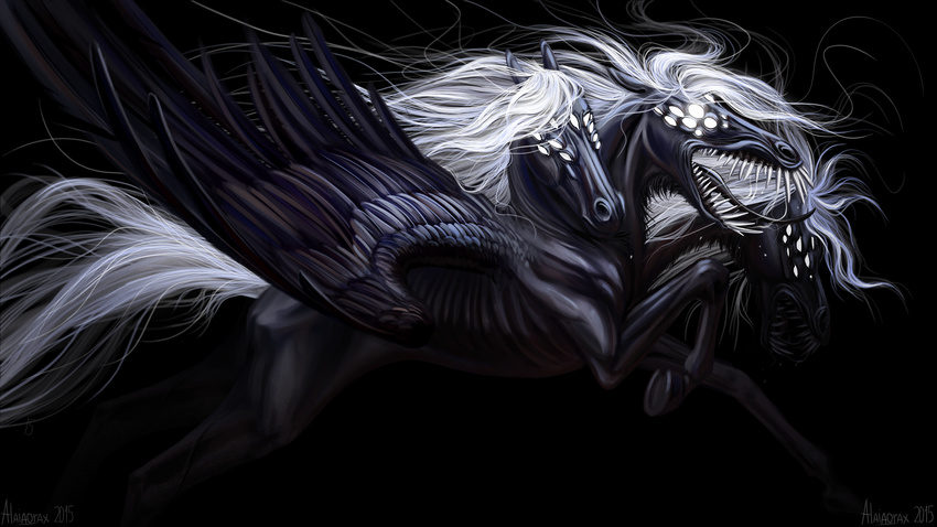 2015 alaiaorax ambiguous_gender black_background demon digital_media_(artwork) equine feathered_wings feathers feral hair hooves horse mammal open_mouth simple_background solo teeth tongue white_hair wings