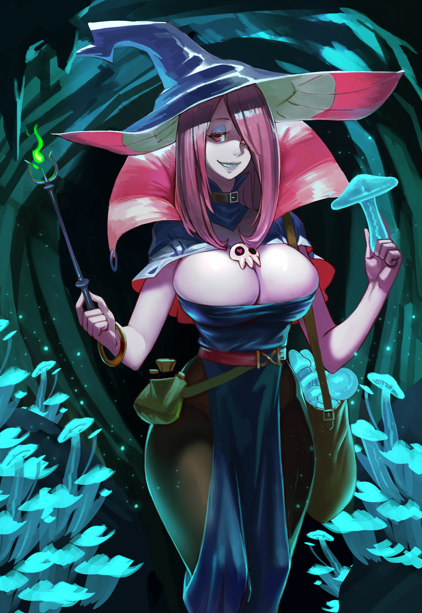 absurdres bag belt bracelet breasts capelet cave cleavage dress eyeshadow glowing grin hair_over_one_eye hat highres jewelry large_breasts light_particles little_witch_academia long_hair looking_at_viewer makeup mushroom older pale_skin pantyhose pink_hair red_eyes sharp_teeth shoulder_bag skull smile solo space_(uchuu) sucy_manbavaran teeth wand witch witch_hat