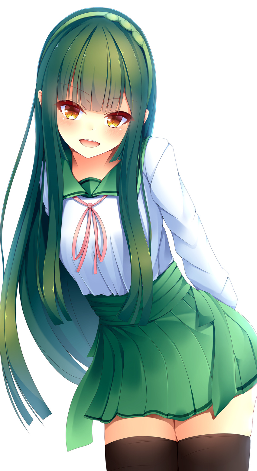 :d absurdres arms_behind_back bangs black_legwear blunt_bangs blush cowboy_shot dark_green_hair eyebrows_visible_through_hair eyelid_piercing green_hair green_hairband green_sailor_collar hairband highres kiseno leaning_to_the_side long_hair long_sleeves looking_at_viewer open_mouth piercing pink_ribbon pleated_skirt red_eyes ribbon sailor_collar school_uniform serafuku shirt sidelocks simple_background skirt smile solo standing straddling thighhighs touhoku_zunko very_long_hair voiceroid white_background white_shirt zettai_ryouiki