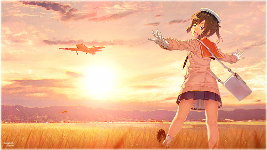 :o adapted_costume aircraft airplane blue_skirt brown_eyes brown_hair brown_legwear cardigan commentary_request dated gloves hat i-401_(kantai_collection) kantai_collection key_kun long_sleeves open_mouth outstretched_arms peaked_cap pleated_skirt ponytail sailor_collar short_hair signature skirt sky solo sunset white_gloves white_legwear yokosuka_d4y
