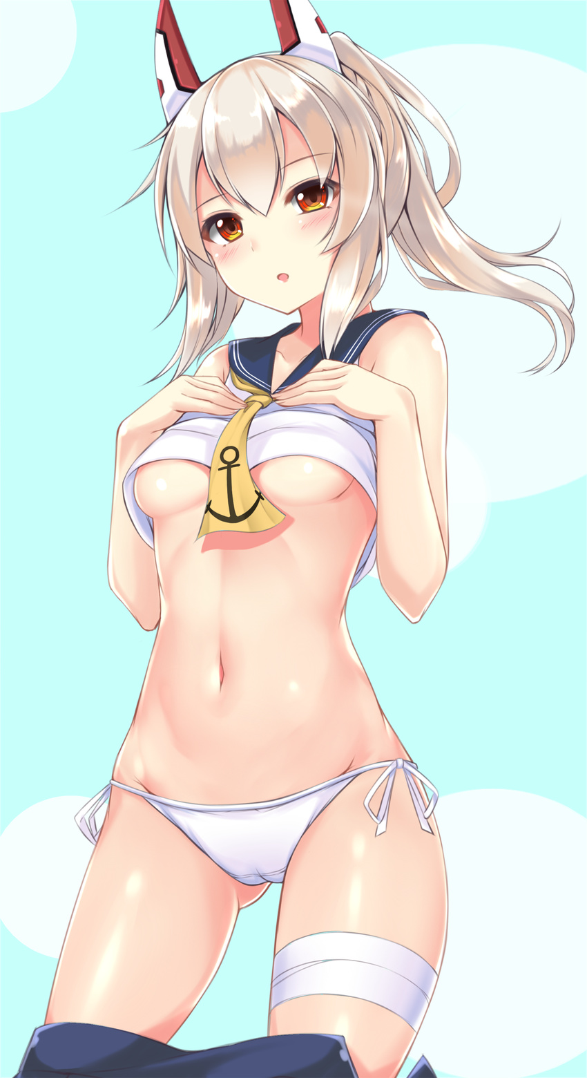 :o anchor_print ass_visible_through_thighs ayanami_(azur_lane) azur_lane bandages bangs bare_arms bare_shoulders bikini blush breasts brown_eyes cameltoe checkered checkered_background commentary_request cowboy_shot crop_top eyebrows_visible_through_hair hands_on_own_chest headgear highres legs_apart long_hair mole mole_under_eye neckerchief open_mouth ponytail sailor_collar shirt side-tie_bikini sidelocks silver_hair sleeveless sleeveless_shirt small_breasts sogaya solo standing swimsuit underboob white_bikini white_bikini_bottom yellow_neckwear