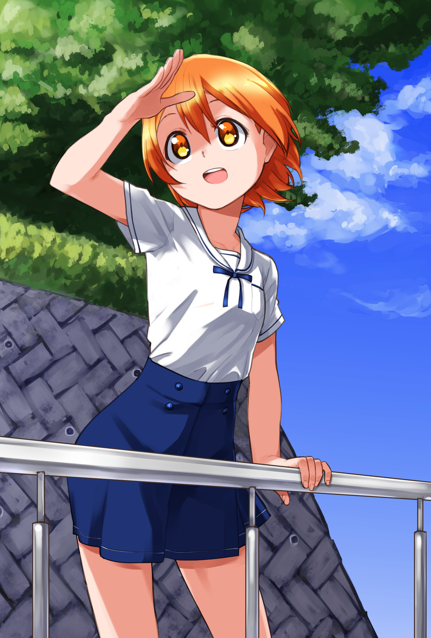 bike blush green_eyes hoshizora_rin love_live!_school_idol_project orange_hair polo short_hair sky smile