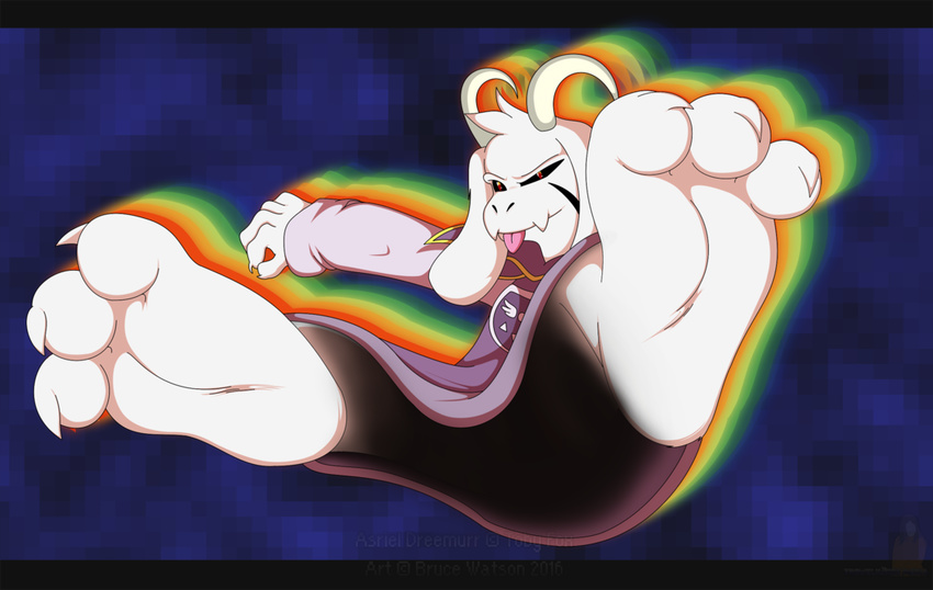 3_toes asriel_dreemurr black_sclera boss_monster caprine clothing foot_focus goat god_of_hyperdeath male mammal solo solo_focus toes tongue tongue_out trowelhands undertale video_games