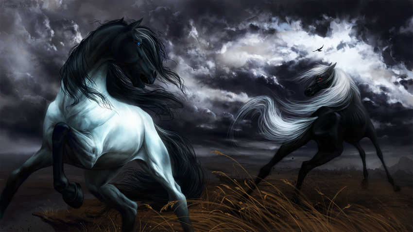 2015 alaiaorax ambiguous_gender black_hair black_hooves blue_eyes day detailed_background digital_media_(artwork) duo equine feral grass hair hooves horse mammal outside sky white_hair