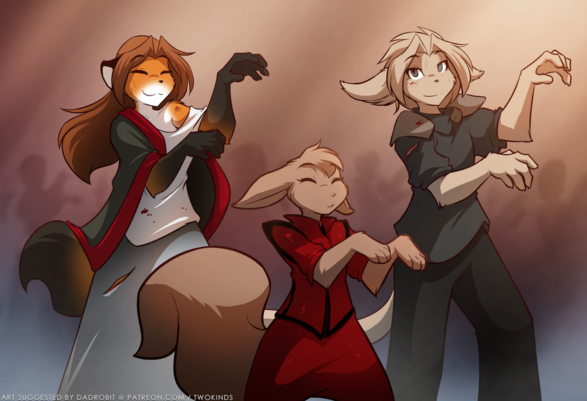 2017 anthro basitin brown_fur canine clothed clothed_feral clothing dancing dipstick_tail ears_back eyes_closed female feral fluffy fluffy_tail fox fur gloves_(marking) gradient_background group keidran laura_(twokinds) looking_at_viewer male mammal markings mrs_nibbly_(twokinds) multicolored_fur multicolored_tail musical_note nickolai_alaric off_shoulder orange_fur rodent simple_background skirt smile squirrel tan_fur thriller_(music_video) tom_fischbach twokinds webcomic white_fur