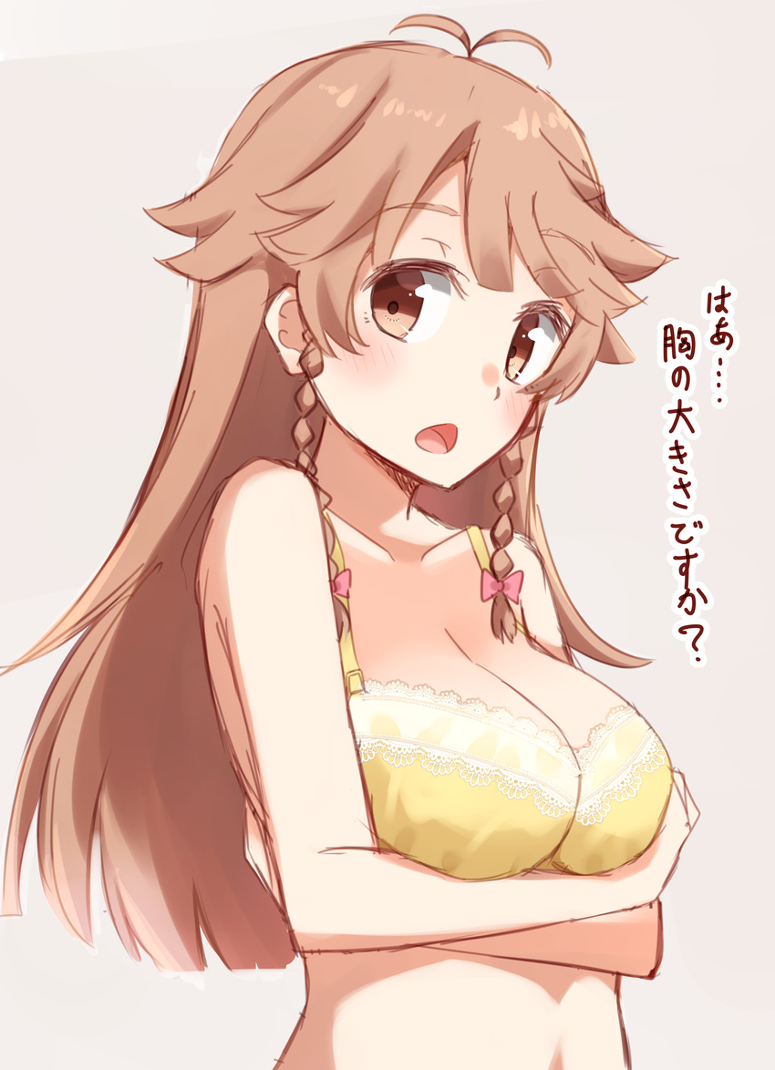 :o antenna_hair bare_arms bare_shoulders blush bow bra braid breast_hold breasts brown_eyes brown_hair cleavage collarbone crossed_arms grey_background hair_bow high_school_fleet highres kapatarou lace lace-trimmed_bra long_hair looking_at_viewer medium_breasts nosa_kouko open_mouth pink_bow simple_background sketch solo tareme translated twin_braids underwear underwear_only upper_body yellow_bra
