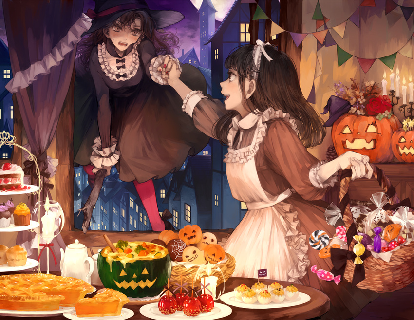 :d apple_pie apron basket black_dress black_hair blush breasts broom broom_riding brown_eyes brown_hair building cake candle candlestand candy candy_apple commentary cup cupcake curtains d: dress drinking_glass fang floating flower food frilled_apron frilled_cuffs frills fruit full_moon glass halloween hands_together hat headband holding holding_basket holding_hands jack-o'-lantern kakmxxxny06 lollipop long_hair long_sleeves maid maid_apron medium_breasts moon multiple_girls nail_polish night open_mouth original pantyhose pennant pie pink_legwear plate profile pumpkin pumpkin_soup purple_sky red_flower red_rose rose sleeve_cuffs smile soup strawberry string_of_flags sweatdrop swirl_lollipop table teapot tower window wine_glass witch witch_hat wrapped_candy